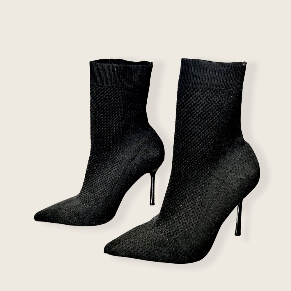 Zara Trafaluc Black Stretchy Sock Mesh Pointed Toe Ankle Boot Stiletto Heels - Picture 9 of 16
